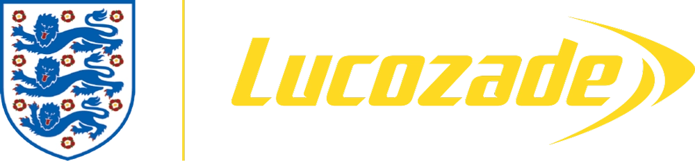 The image shows the England football team crest next to the Lucozade logo with yellow text and a yellow swoosh.