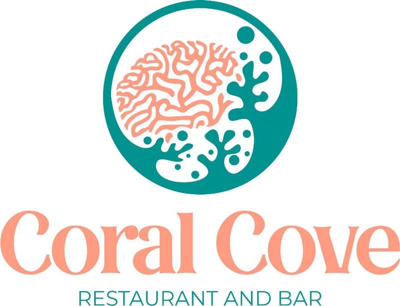 Logo of Coral Cove Restaurant and Bar featuring stylized coral design in pink and green colors with the name written below in matching colors.
