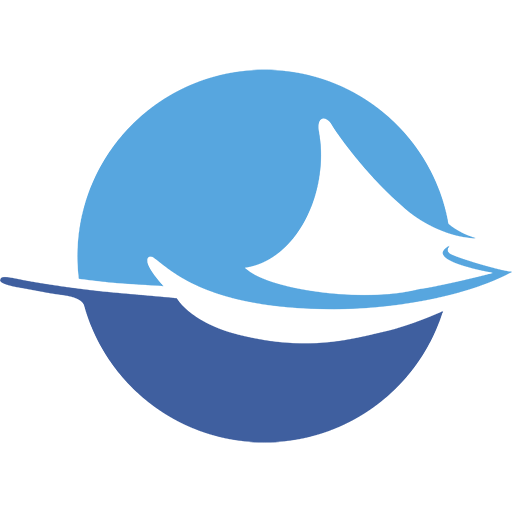 A blue abstract icon featuring two overlapping curved shapes, resembling a sailboat in front of a circular background.