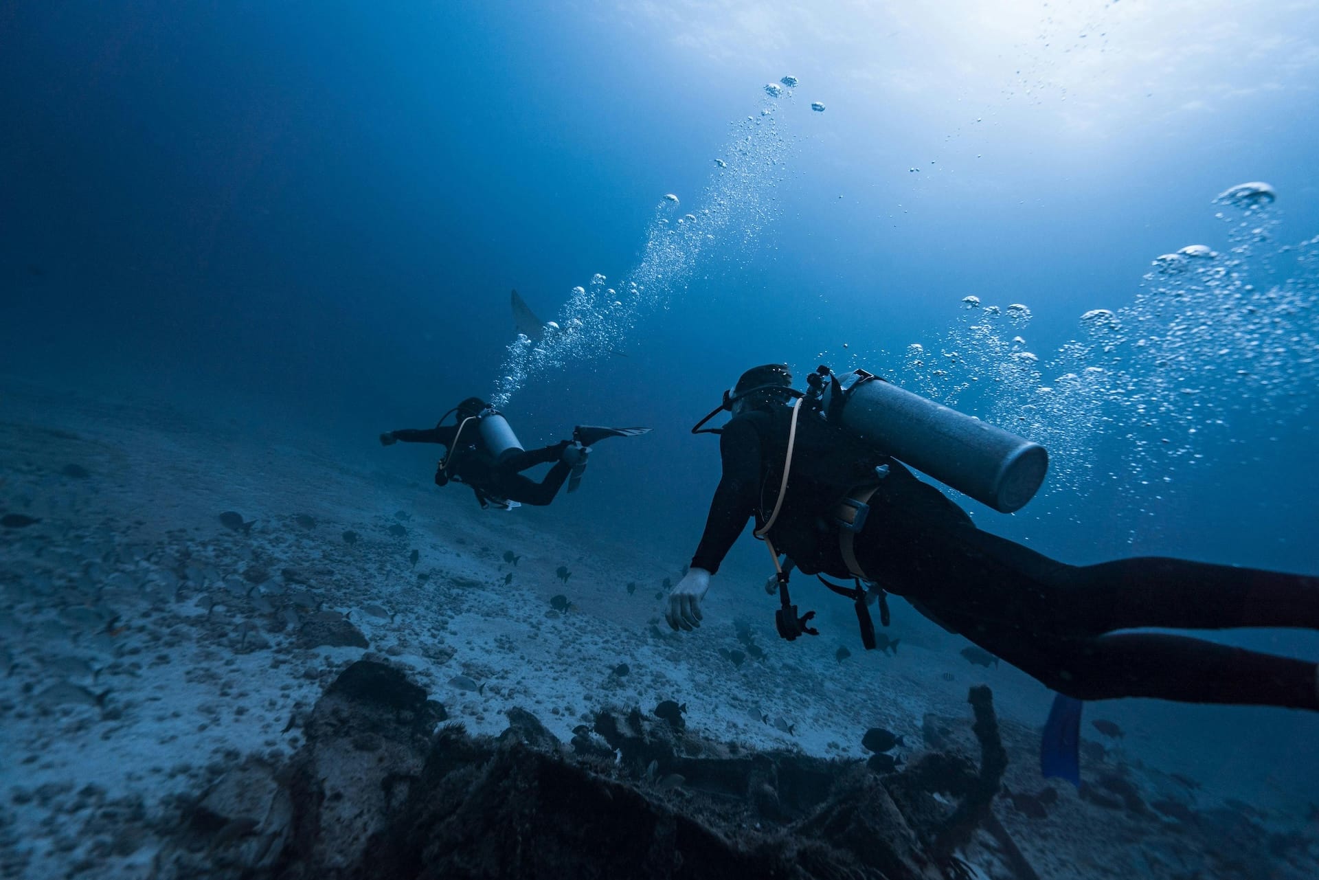 Two scuba divers explore an underwater environment, surrounded by bubbles and marine life.