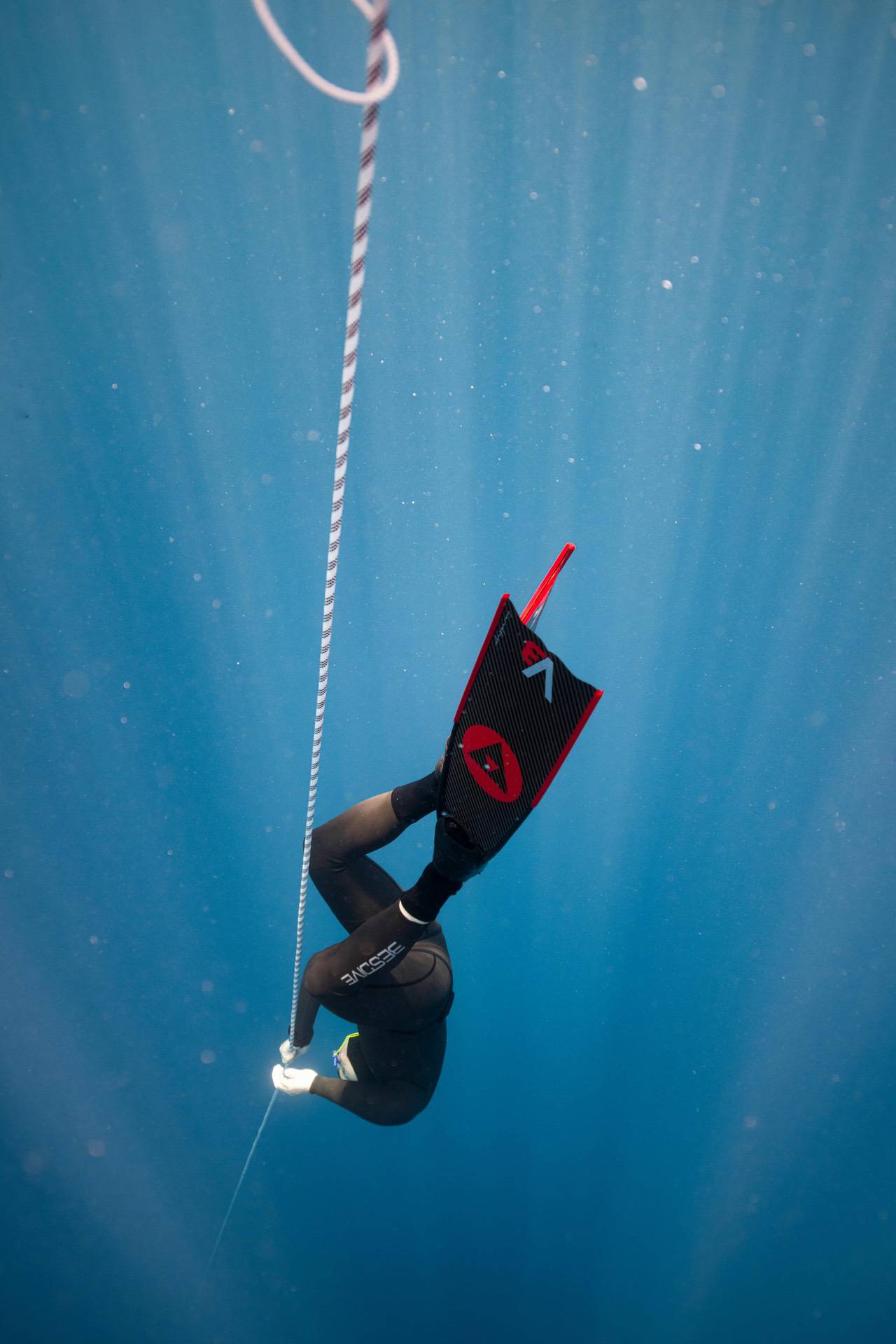 A diver wearing fins and a wetsuit is descending underwater while holding onto a vertical rope. Sunlight filters through the water, illuminating the scene.