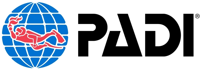 Logo of PADI featuring a red scuba diver inside a blue globe on the left and the text "Professional Association of Diving Instructors" on the right.