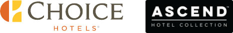 Logos of Choice Hotels and Ascend Hotel Collection. The Choice Hotels logo has an orange and white design, while the Ascend Hotel Collection logo features white text on a black background.