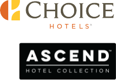 Logos of Choice Hotels and Ascend Hotel Collection. The Choice Hotels logo consists of a stylized letter "C" in orange and yellow hues, while the Ascend Hotel Collection logo is in white text on a black background.