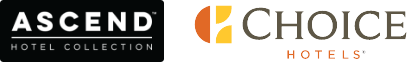 Logos of Ascend Hotel Collection and Choice Hotels placed side by side. Ascend's logo has white text on a black background, and Choice Hotels' logo features orange and yellow shapes with brown text.