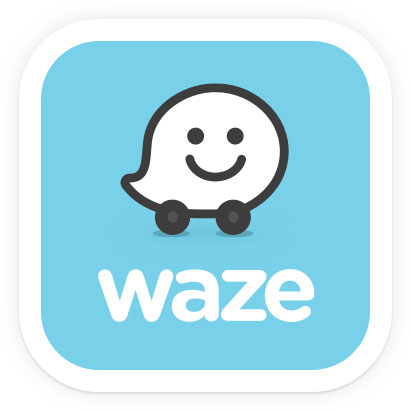 The image shows the Waze app logo, featuring a smiling white speech bubble character with wheels on a light blue background, with "waze" written below in white letters.