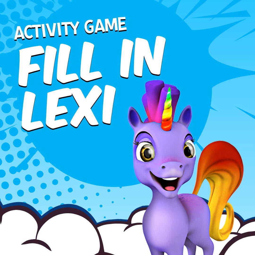 Smalta World - A vibrant unicorn with a rainbow horn and tail prances on a blue background. Text reads "Activity Game Fill in Lexi," hinting at endless fun, much like finding a rare six-pack of magic bottled up in one bright, enchanting creature.