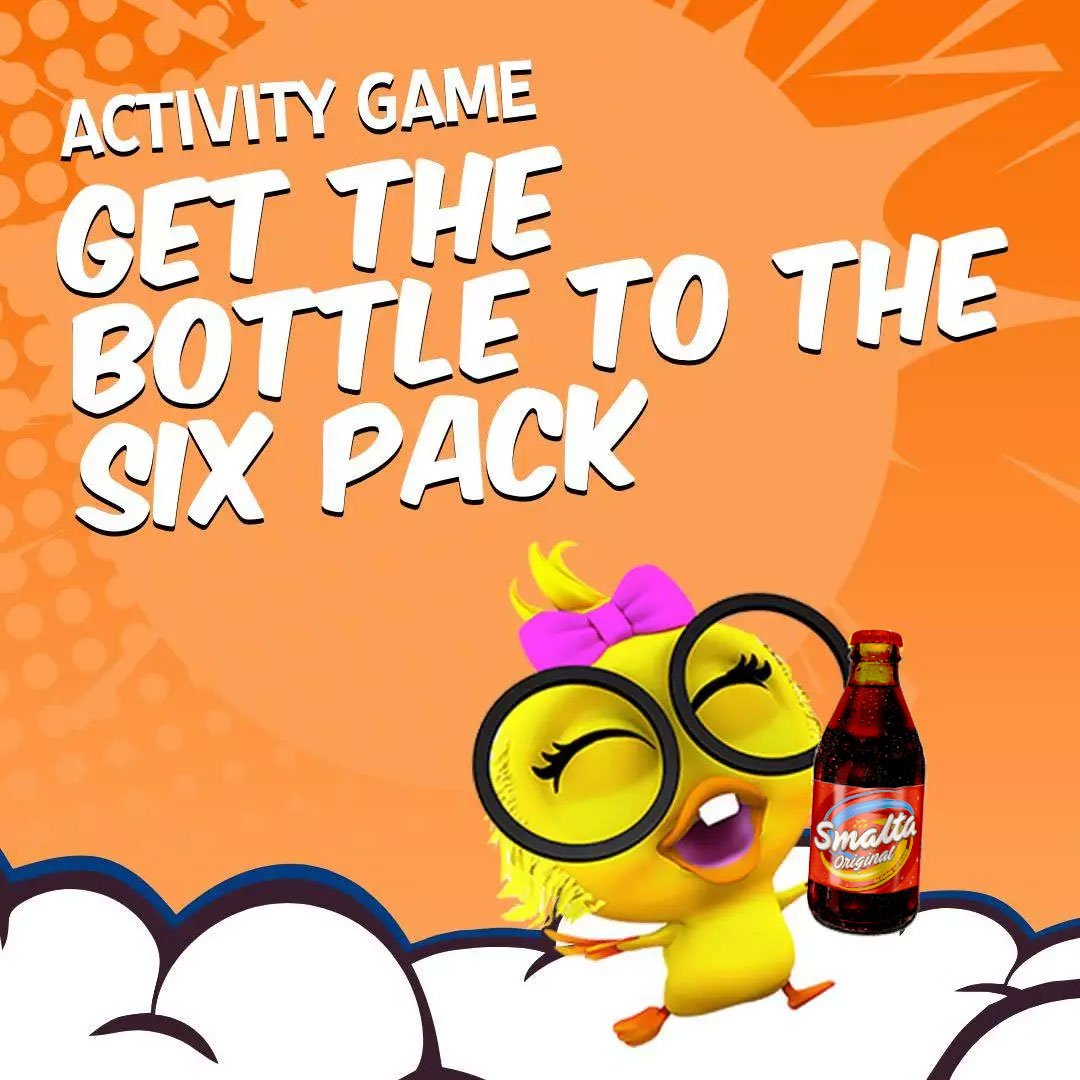 Smalta World - A cartoon bird with glasses and a pink bow excitedly grips a soda bottle. The text reads, "Activity Game: Guide the Bottle to the Six Pack." Orange background adorned with cloud graphics.