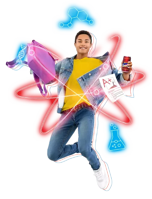 Smalta World - A person jumps energetically holding a purple backpack and a soda can. They wear a yellow shirt and denim jacket, with science-themed graphics and a paper marked A+ surrounding them.