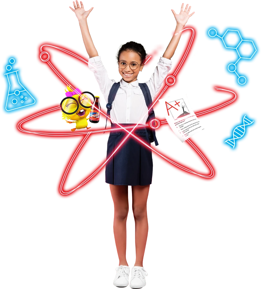 Smalta World - A child in school uniform stands with arms raised, surrounded by illustrations of a beaker, magnifying glass, book, and DNA strand.